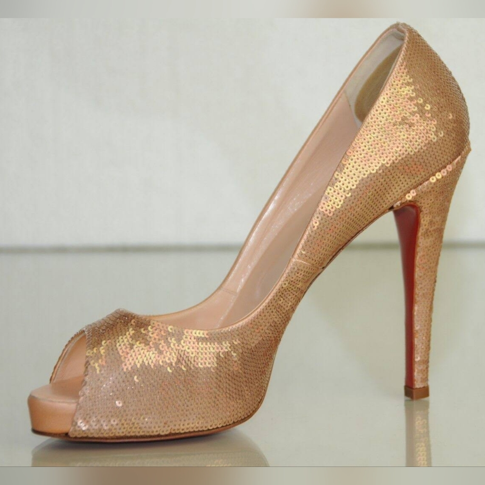 CHRISTIAN LOUBOUTIN VERY PRIVE EVENING Paillettes Nude Beige Heels size 38 1/2